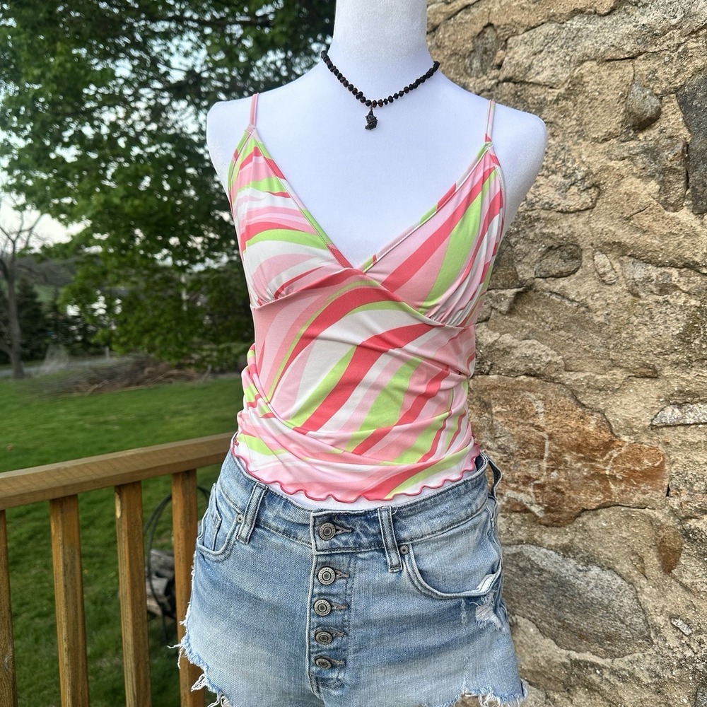 Pink Green White Striped Sleeveless Camisole Tank Top with Ruffle Hem Size S